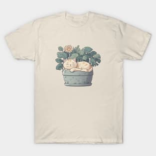 Cute Sleeping Kawaii Cat in Plant Pot T-Shirt